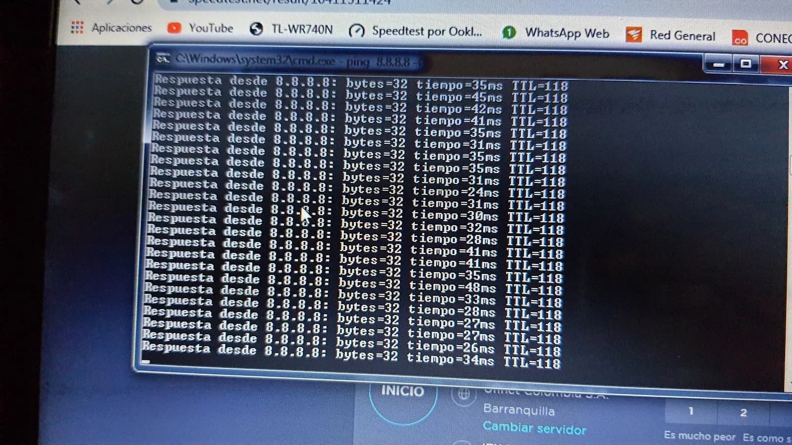 Pantalla de monitoreo durante una prueba de conectividad